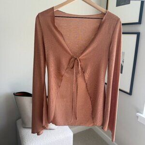 SHEIN Rust Tie-Front Lettuce Trim Long Sleeve Top – S